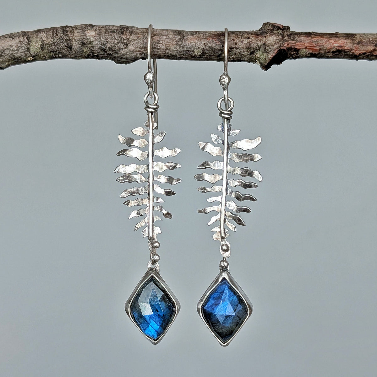 Hand-Sawn Sterling Silver Fern and Blue Labradorite Earrings
