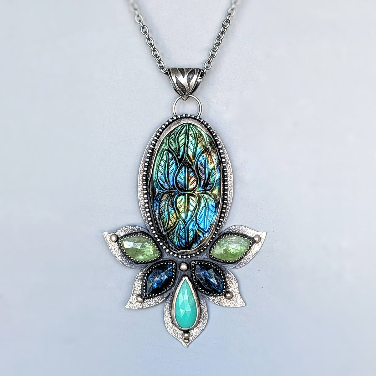 Verdant Reverie: Carved Labradorite, Kyanite, and Chrysoprase Botanical Statement Necklace in Sterling Silver