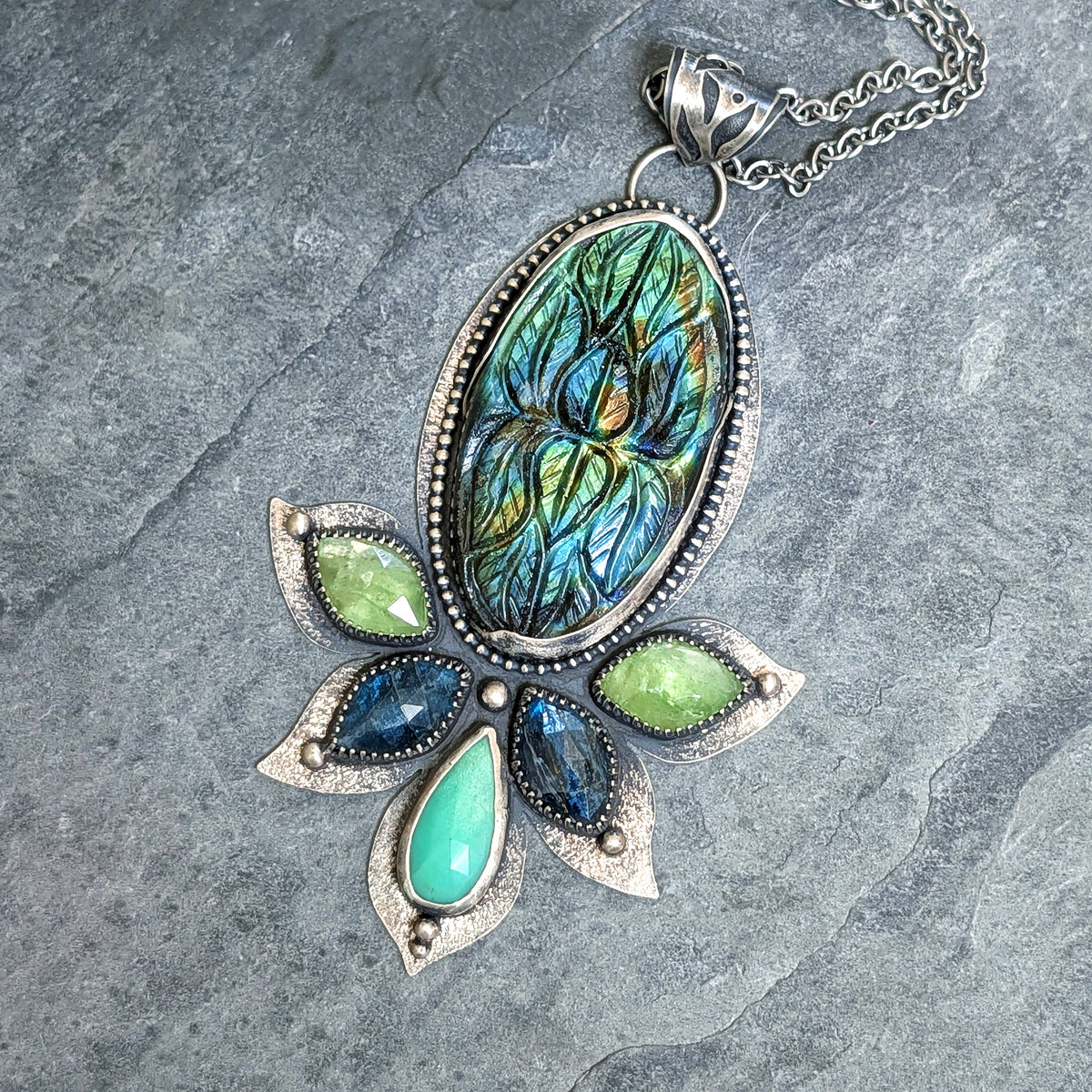 Verdant Reverie: Carved Labradorite, Kyanite, and Chrysoprase Botanical Statement Necklace in Sterling Silver