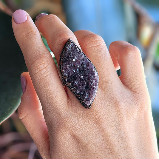 Statement sized sparkling raw amethyst sterling silver and copper statement ring size 9