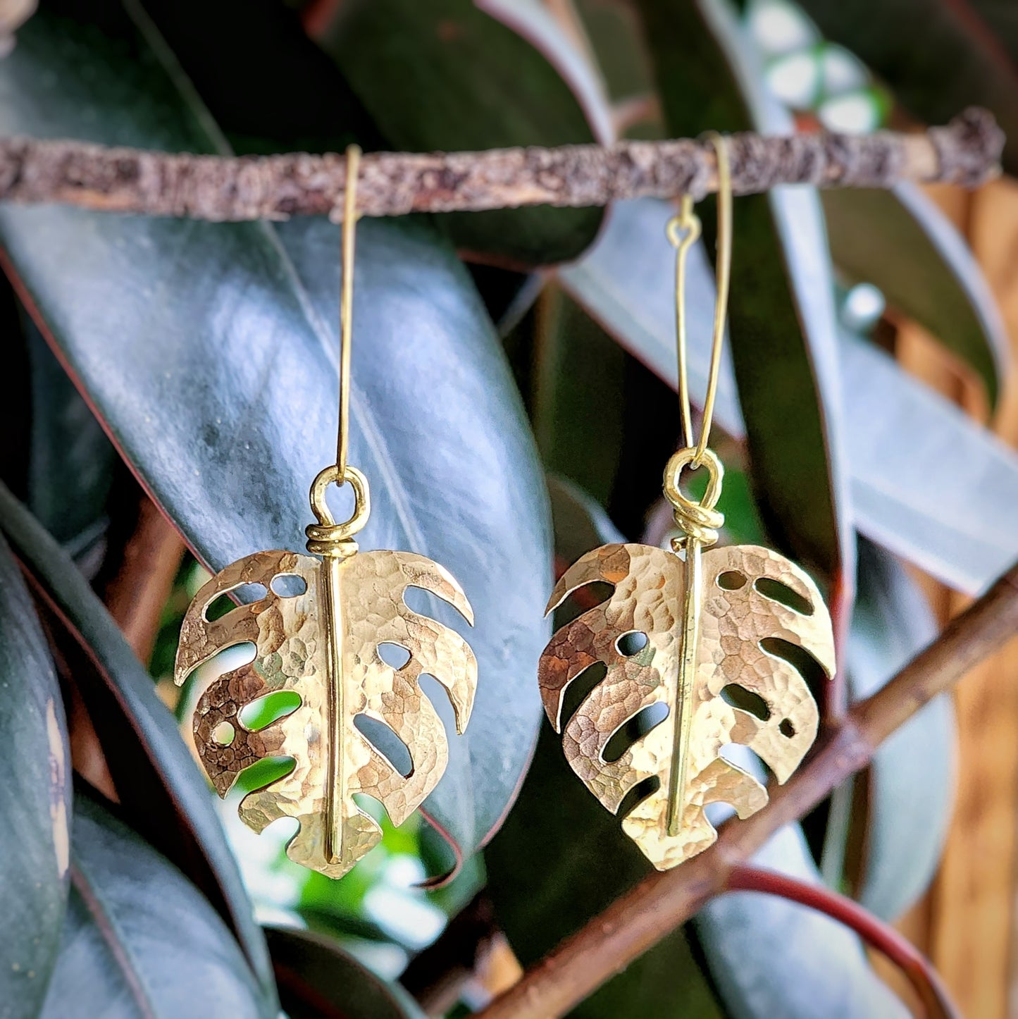 Hand-sawn shiny hammered brass monstera earrings, made to order