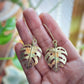 Hand-sawn shiny hammered brass monstera earrings, made to order