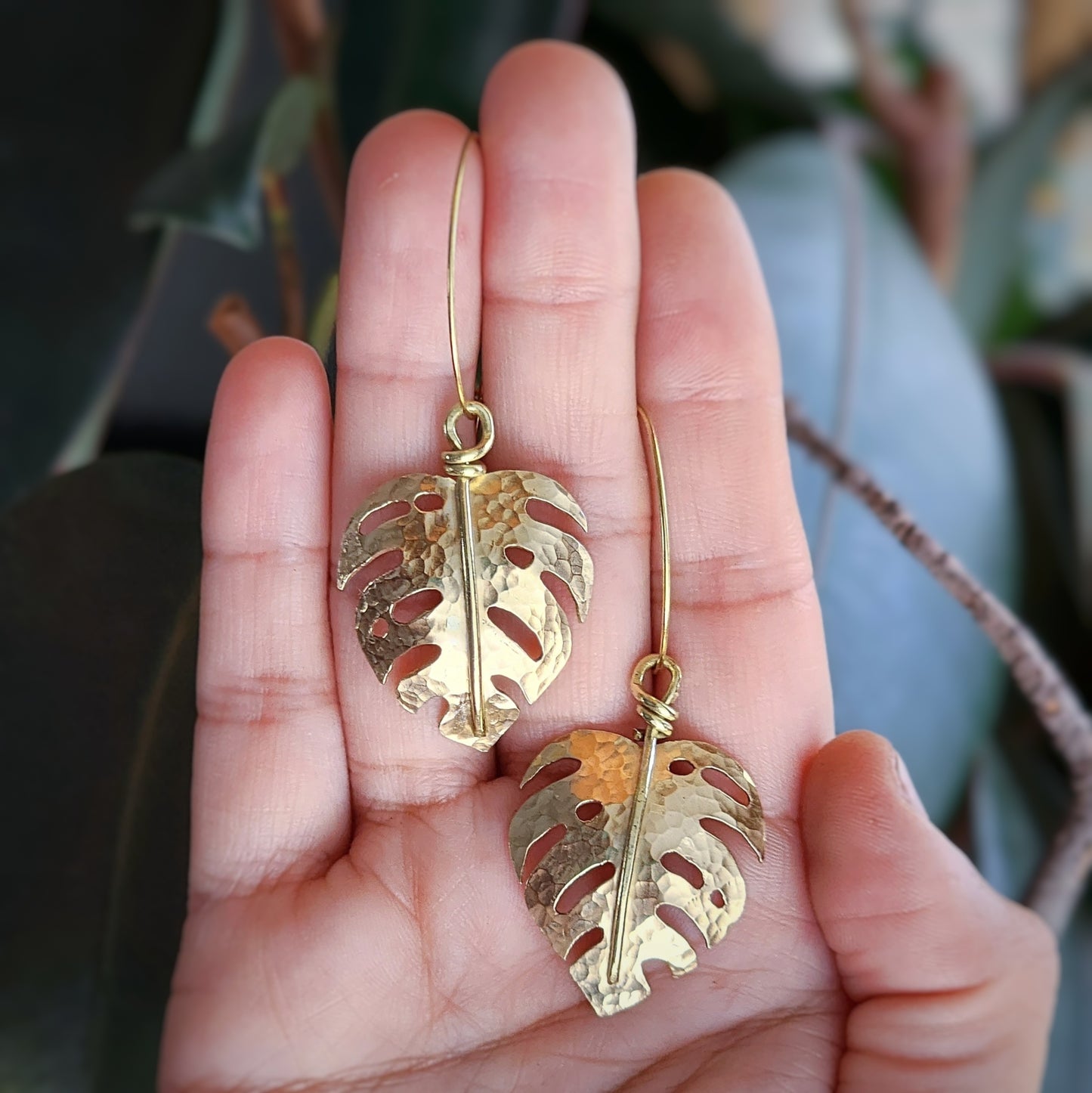 Hand-sawn shiny hammered brass monstera earrings, made to order