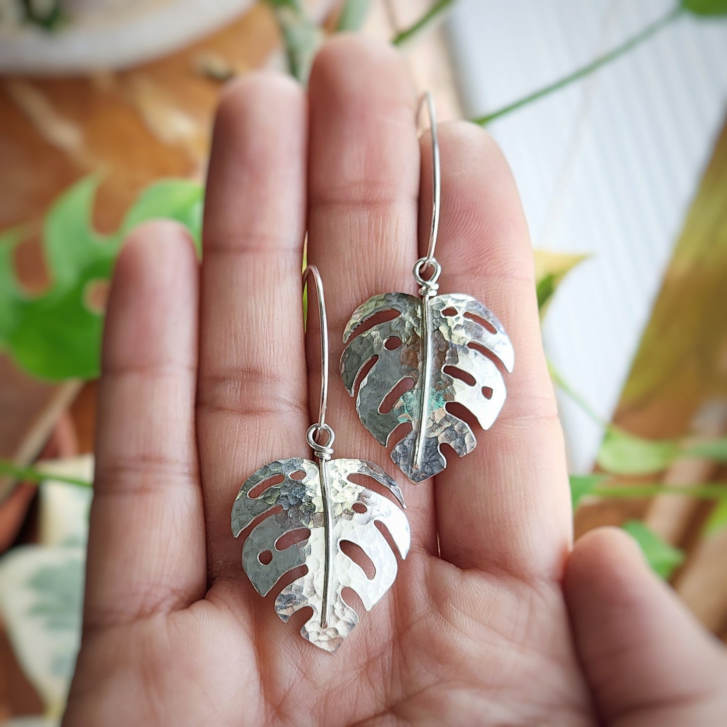 Hand-sawn shiny hammered solid sterling silver monstera earrings, made to order