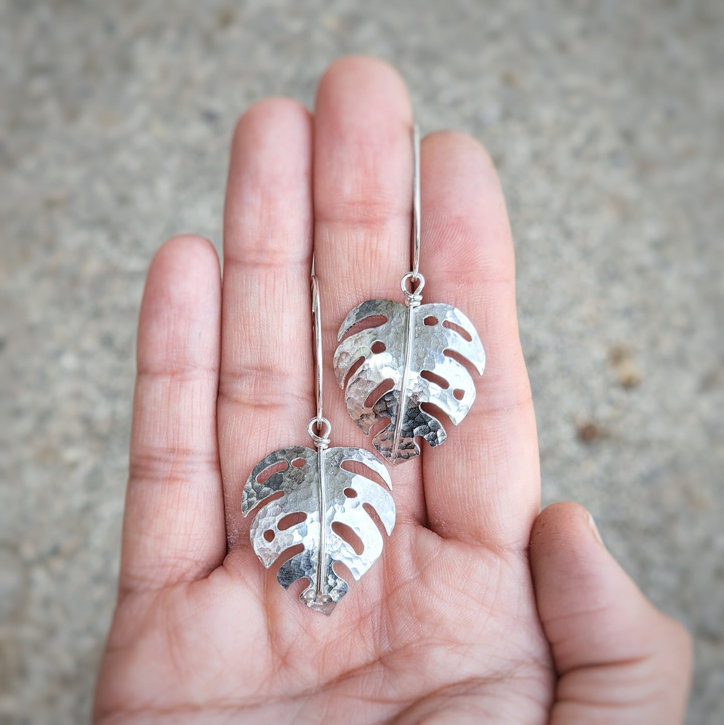 Hand-sawn shiny hammered solid sterling silver monstera earrings, made to order