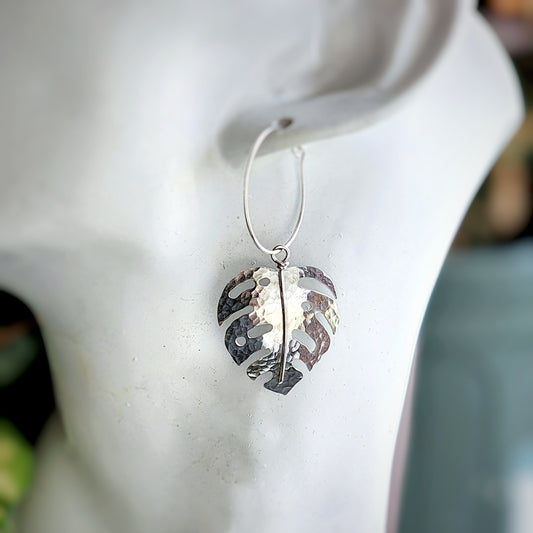 Hand-sawn shiny hammered solid sterling silver monstera earrings, made to order