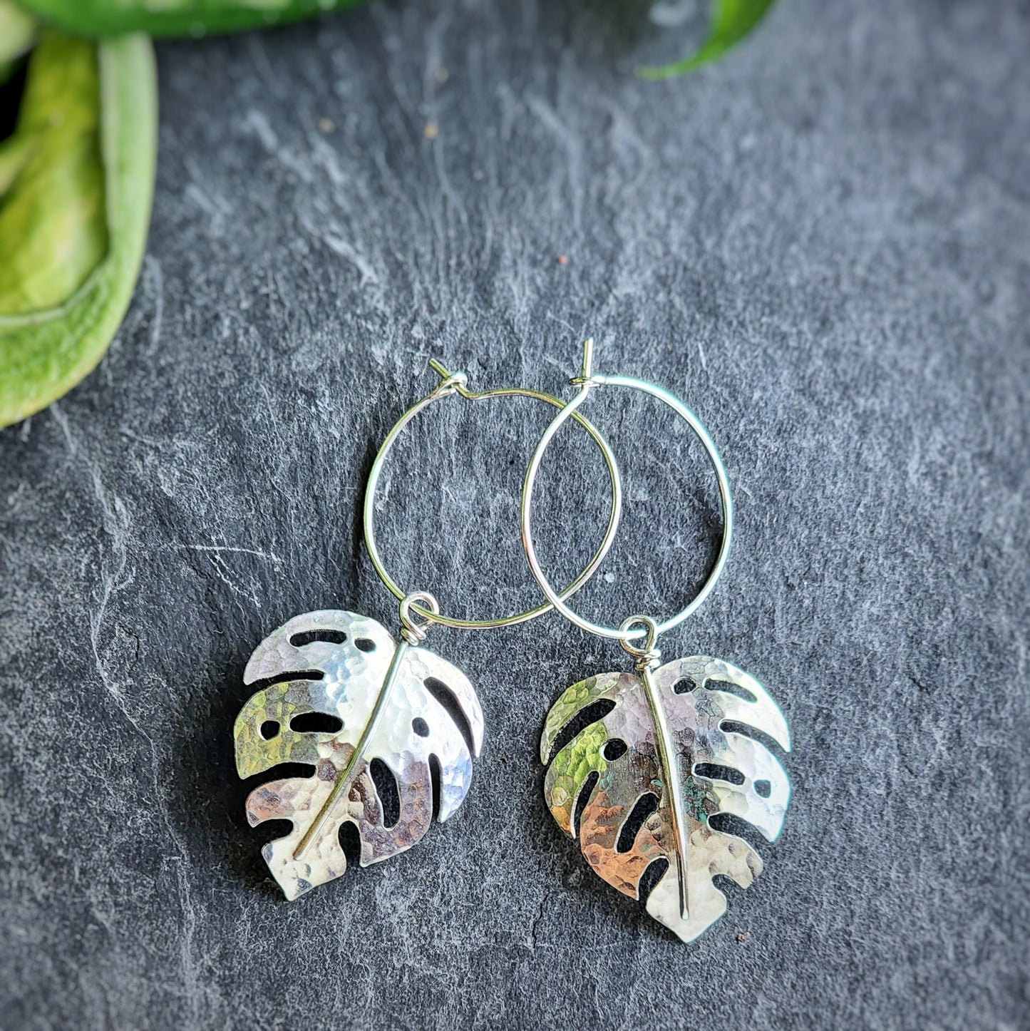 Hand-sawn shiny hammered solid sterling silver monstera earrings, made to order