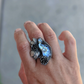 Rainbow moonstone and tourmaline sterling silver botanical statement ring